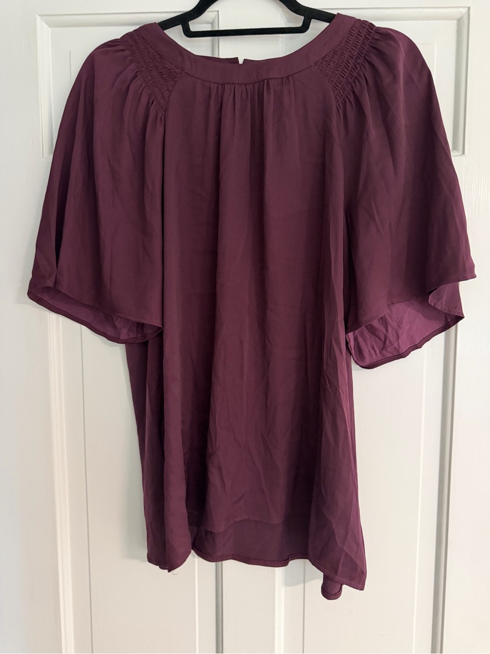 Ann Taylor Plum Flutter Sleeve Smocked Yoke Blouse